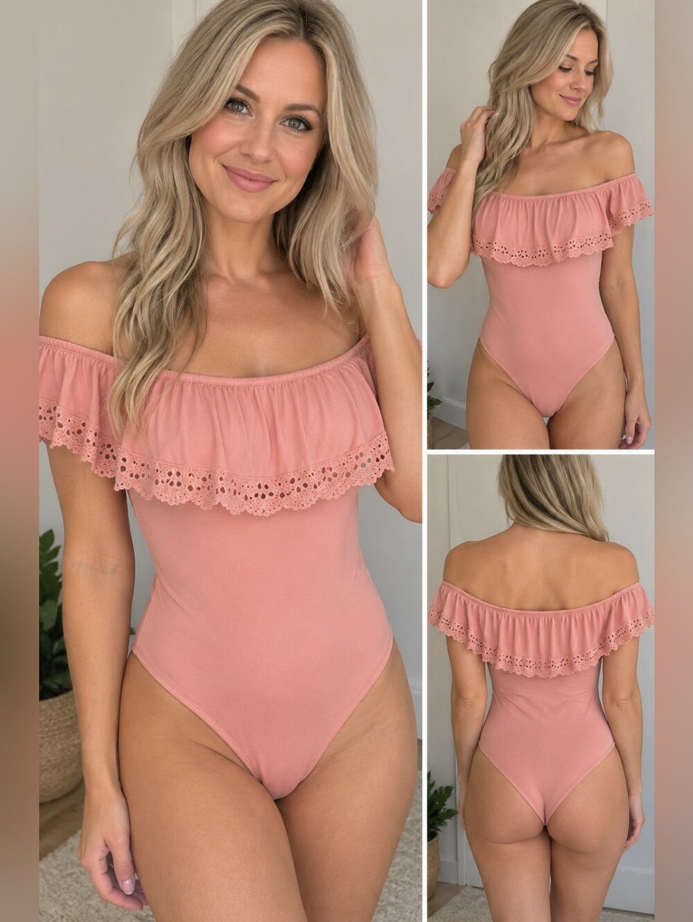 Off-Shoulder Pink Lace-Trim Bodysuit